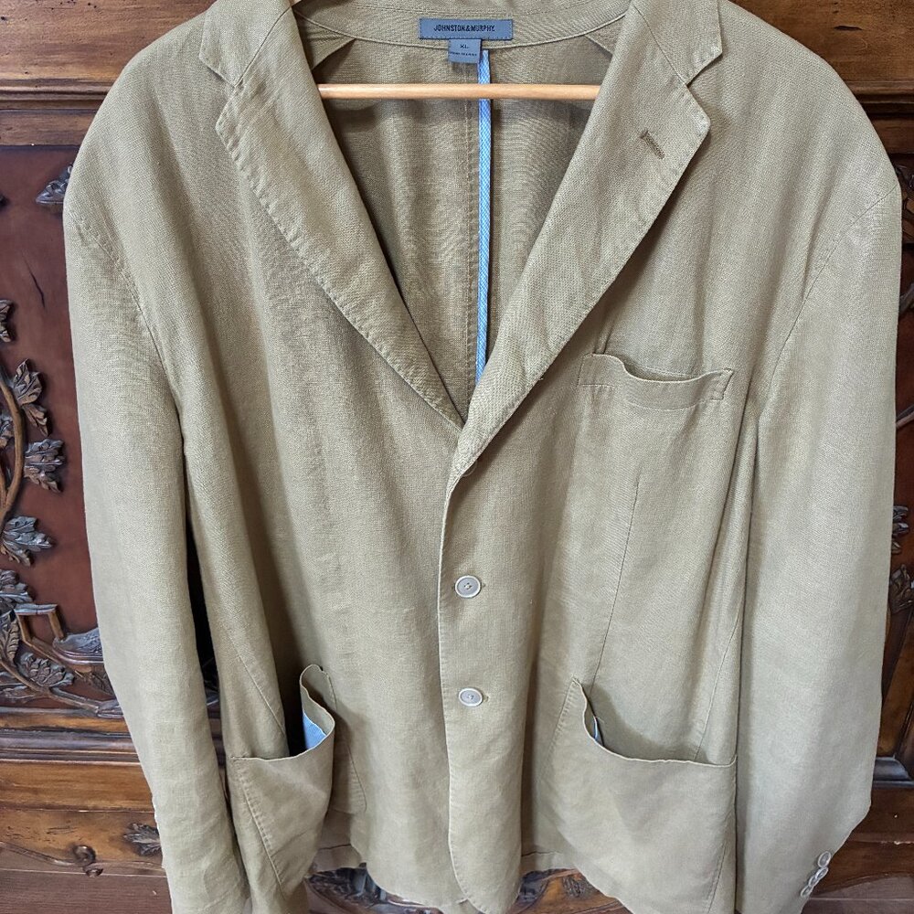 Johnston & Murphy men size XL tan khaki blazer sport jacket linen & tencel blend